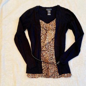 INC Leopard Blouse/Black Sweater with Belt